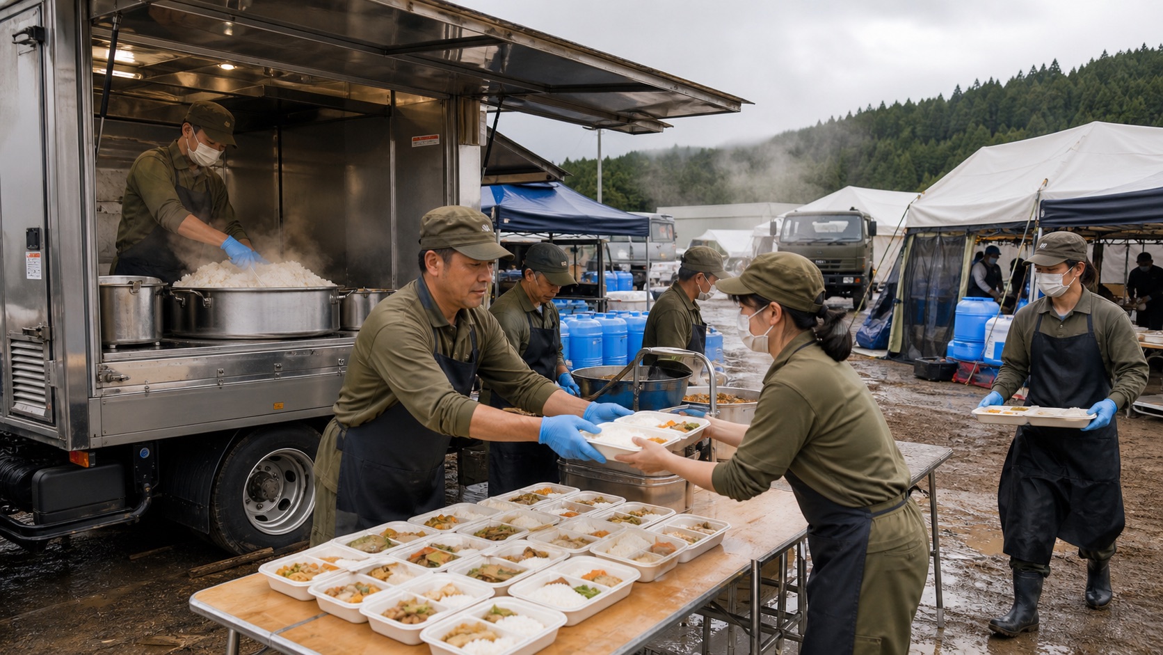 野外炊事車を使って多数の食事を準備するイメージ