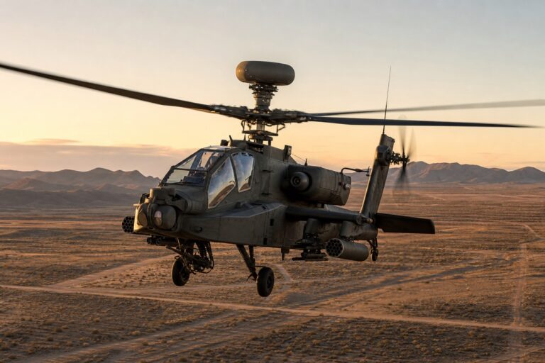 訓練空域を低空飛行するAH-64E級攻撃ヘリコプター