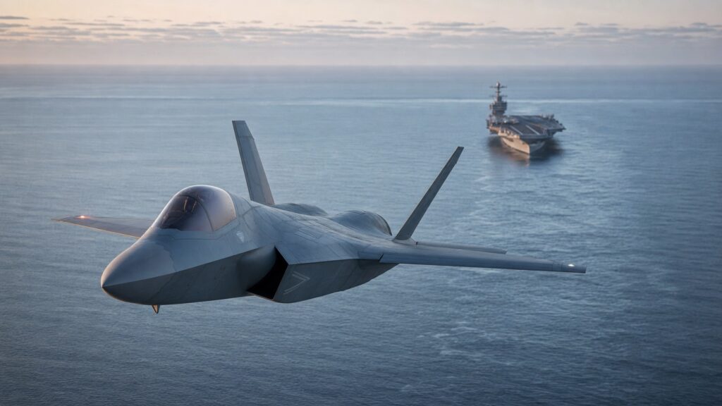 空母近海を飛行するJ-35級双発ステルス艦載戦闘機