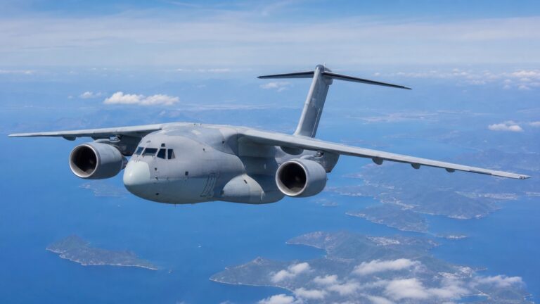 日本列島上空を飛行するC-2級大型輸送機