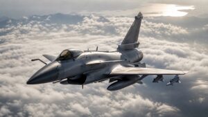 雲海上空を飛行するJ-10C級カナードデルタ戦闘機