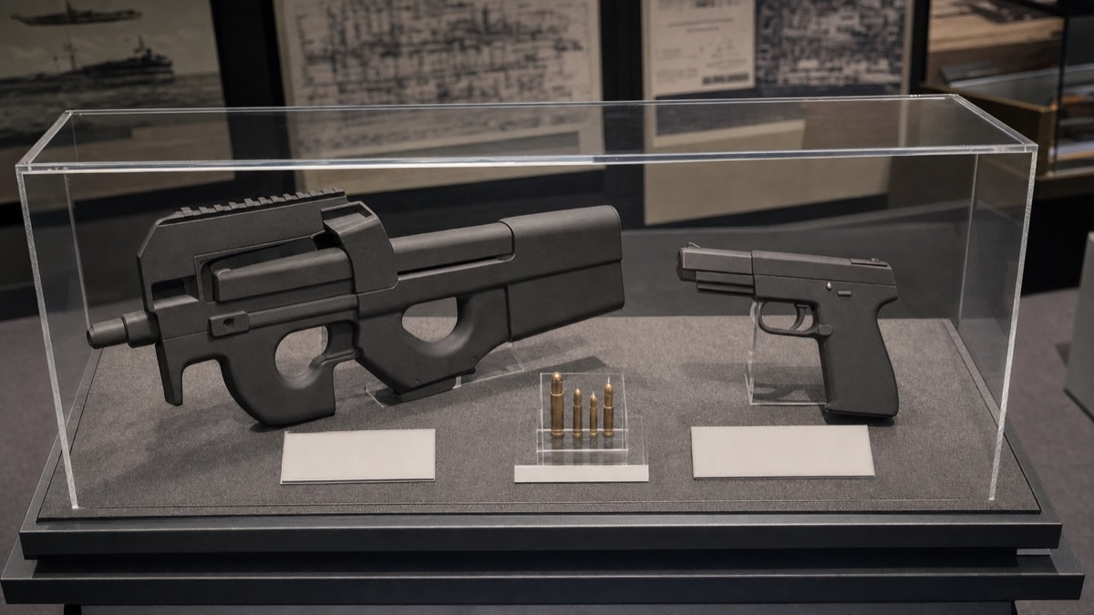 P90とFive-seveNの共通弾薬システムをイメージした展示