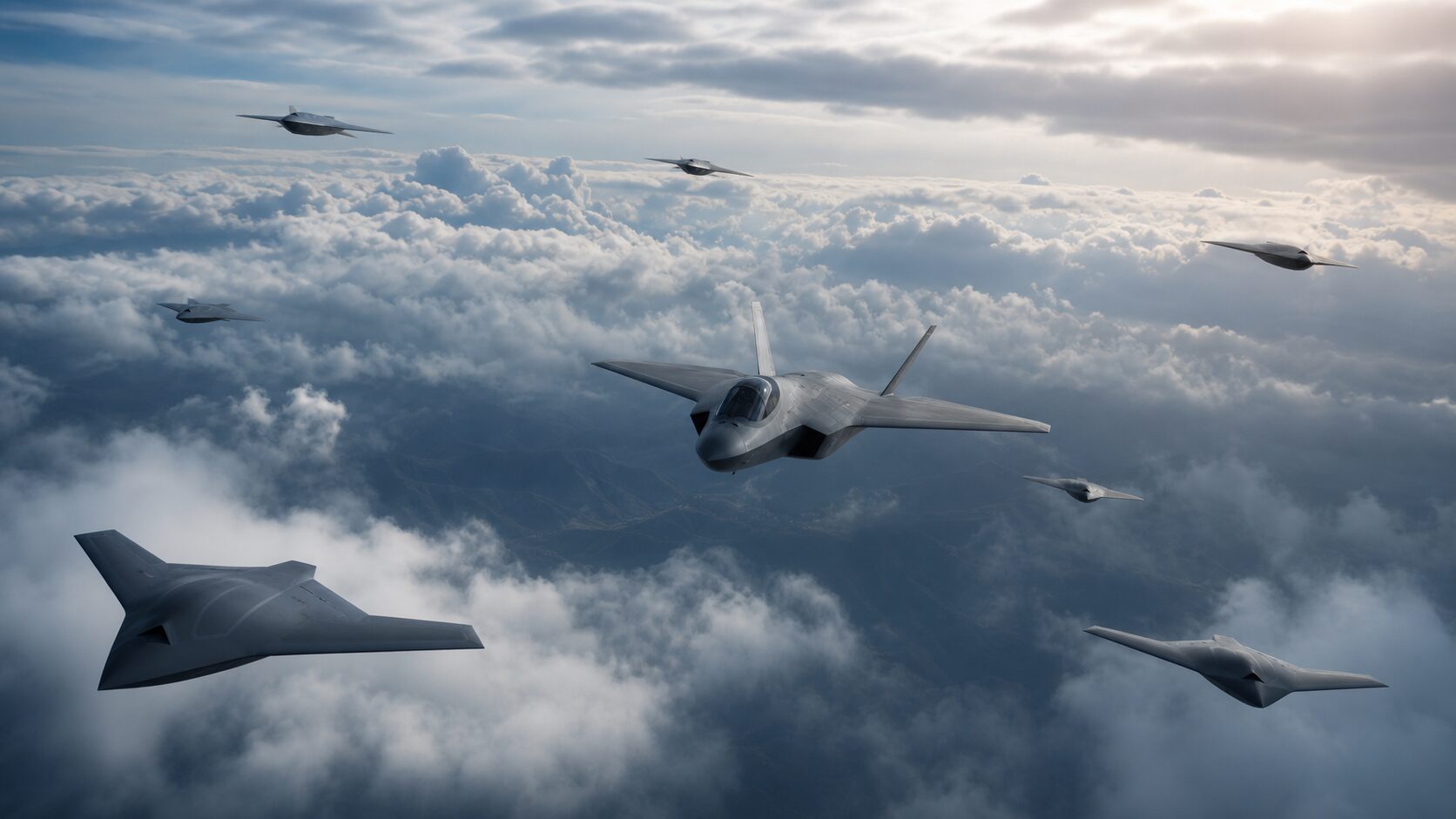 複数の無人機が有人戦闘機を支援する編隊のイメージ