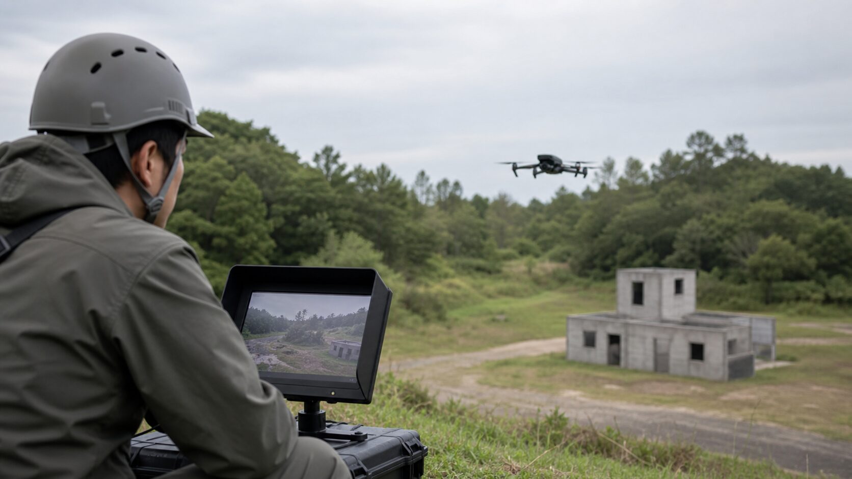 FPV映像を見ながら小型UAVを操縦する訓練のイメージ