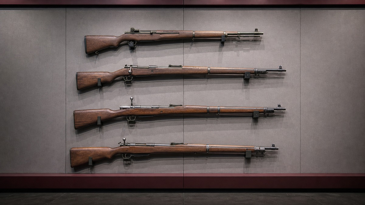 M1ガーランドと第二次世界大戦期の主力小銃を比較する展示