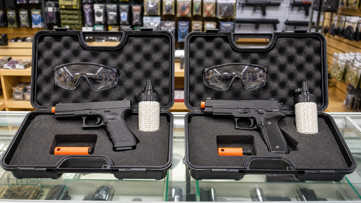 グロック型とP226型エアガンと保護具の安全な展示