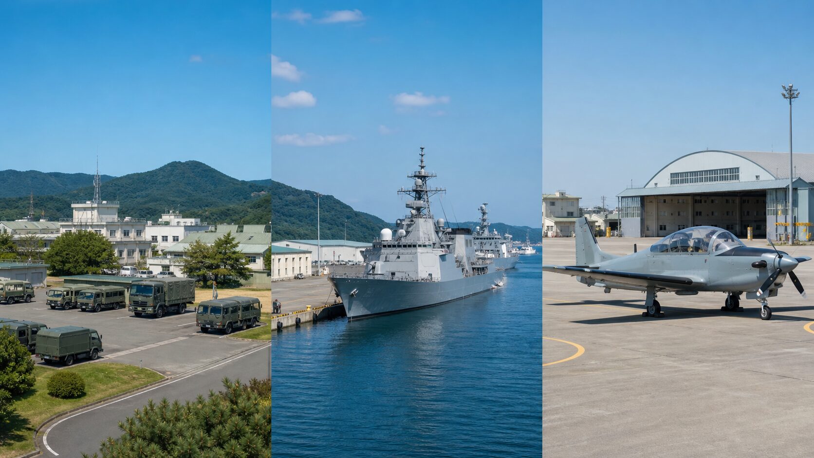 陸上・海上・航空自衛隊の勤務場所の違いを表すイメージ