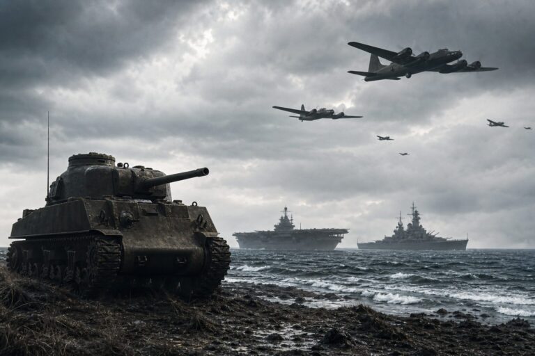 第二次世界大戦の戦車・軍艦・航空機を俯瞰するイメージ