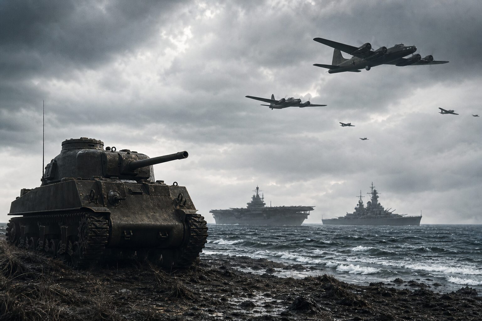 第二次世界大戦の戦車・軍艦・航空機を俯瞰するイメージ