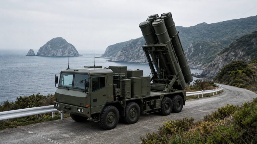 沿岸道路を進む88式地対艦誘導弾の発射機