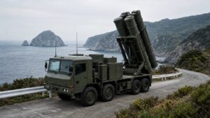 沿岸道路を進む88式地対艦誘導弾の発射機