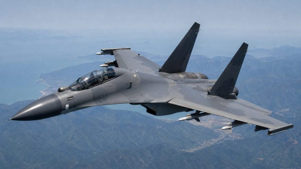 飛行する大型双発のJ-16戦闘機