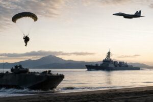 自衛隊の陸海空精鋭部隊を俯瞰するイメージ