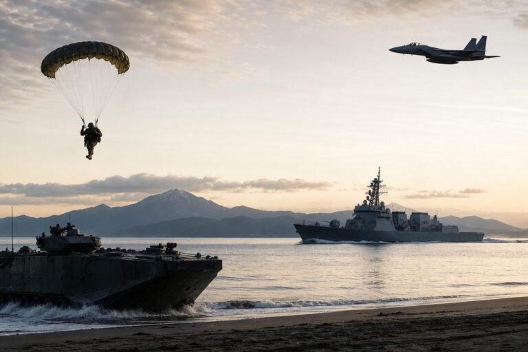 自衛隊の陸海空精鋭部隊を俯瞰するイメージ
