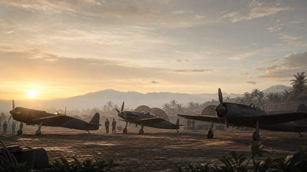 第二次世界大戦の日本人搭乗員と戦闘機を俯瞰するイメージ