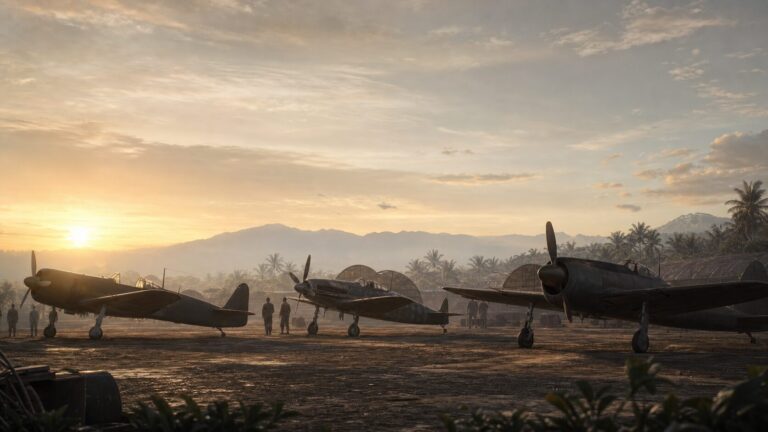 第二次世界大戦の日本人搭乗員と戦闘機を俯瞰するイメージ