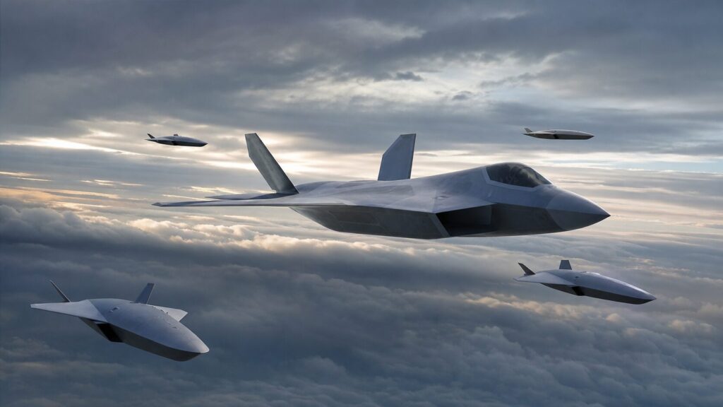 第6世代戦闘機と随伴無人機が編隊飛行するイメージ