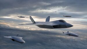 第6世代戦闘機と随伴無人機が編隊飛行するイメージ