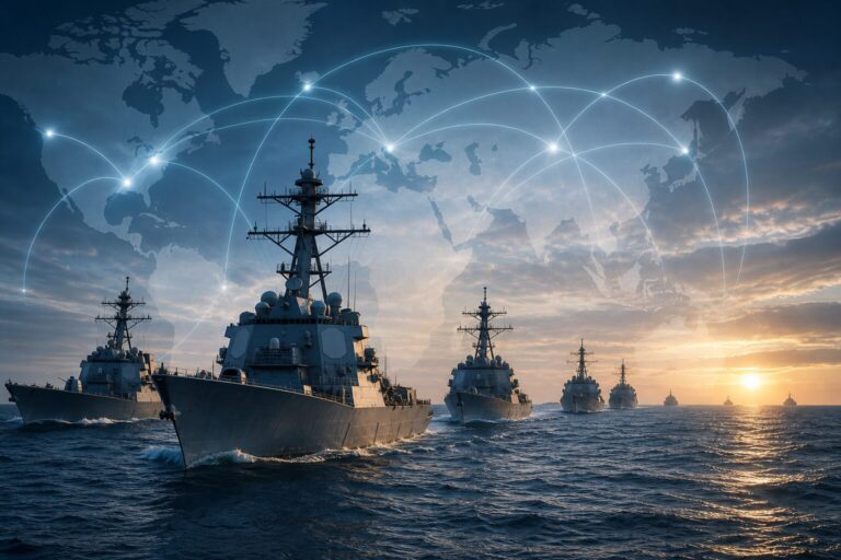 イージス艦を運用する国々を結ぶ海上ネットワークのイメージ