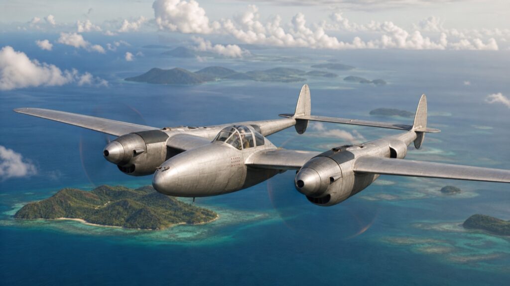 太平洋の島々上空を飛行するP-38級双胴戦闘機