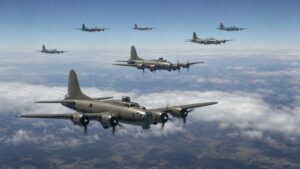 高高度でコンバットボックスを組むB-17級重爆撃機編隊