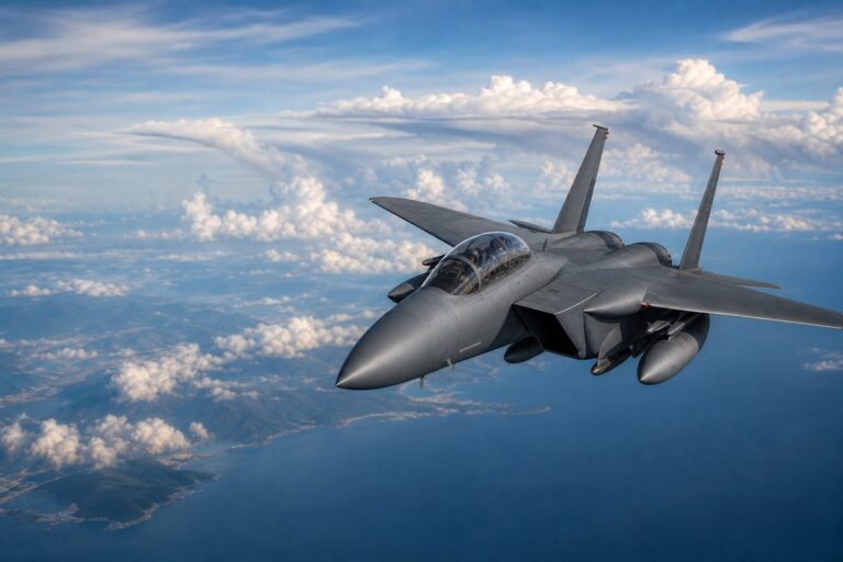 西太平洋上空を飛行するF-15EX級の双発戦闘機