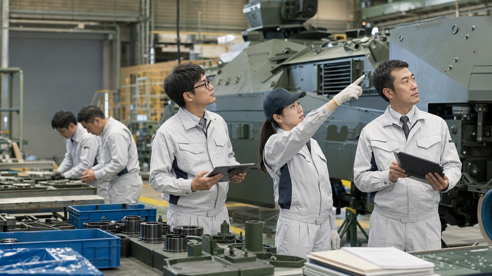 防衛産業の技術者が装備部品を点検する様子