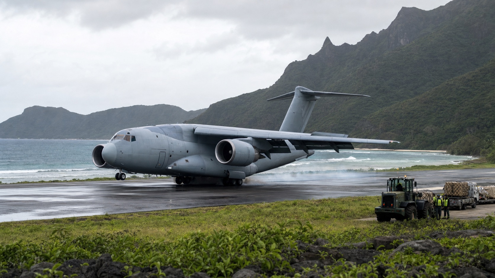 離島飛行場へ着陸するC-2級大型輸送機