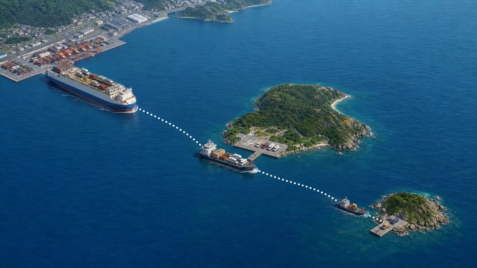 本土から主要島を経て小規模島嶼へ物資を運ぶ海上物流網