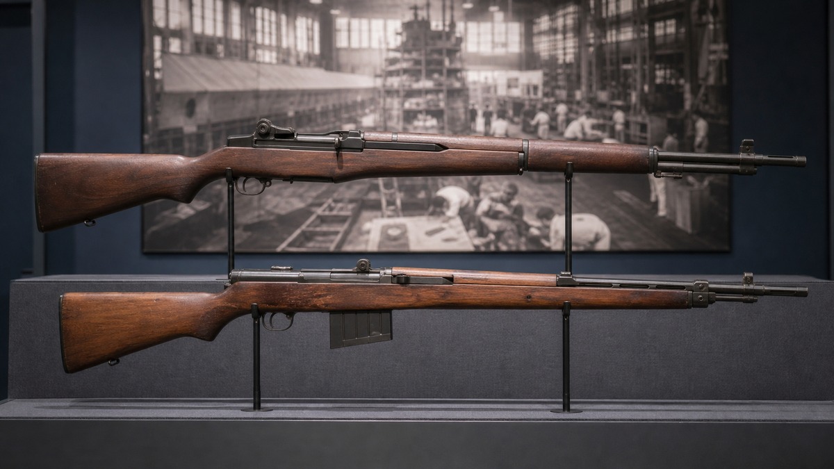 M1ガーランドと日本海軍の四式自動小銃を比較する展示