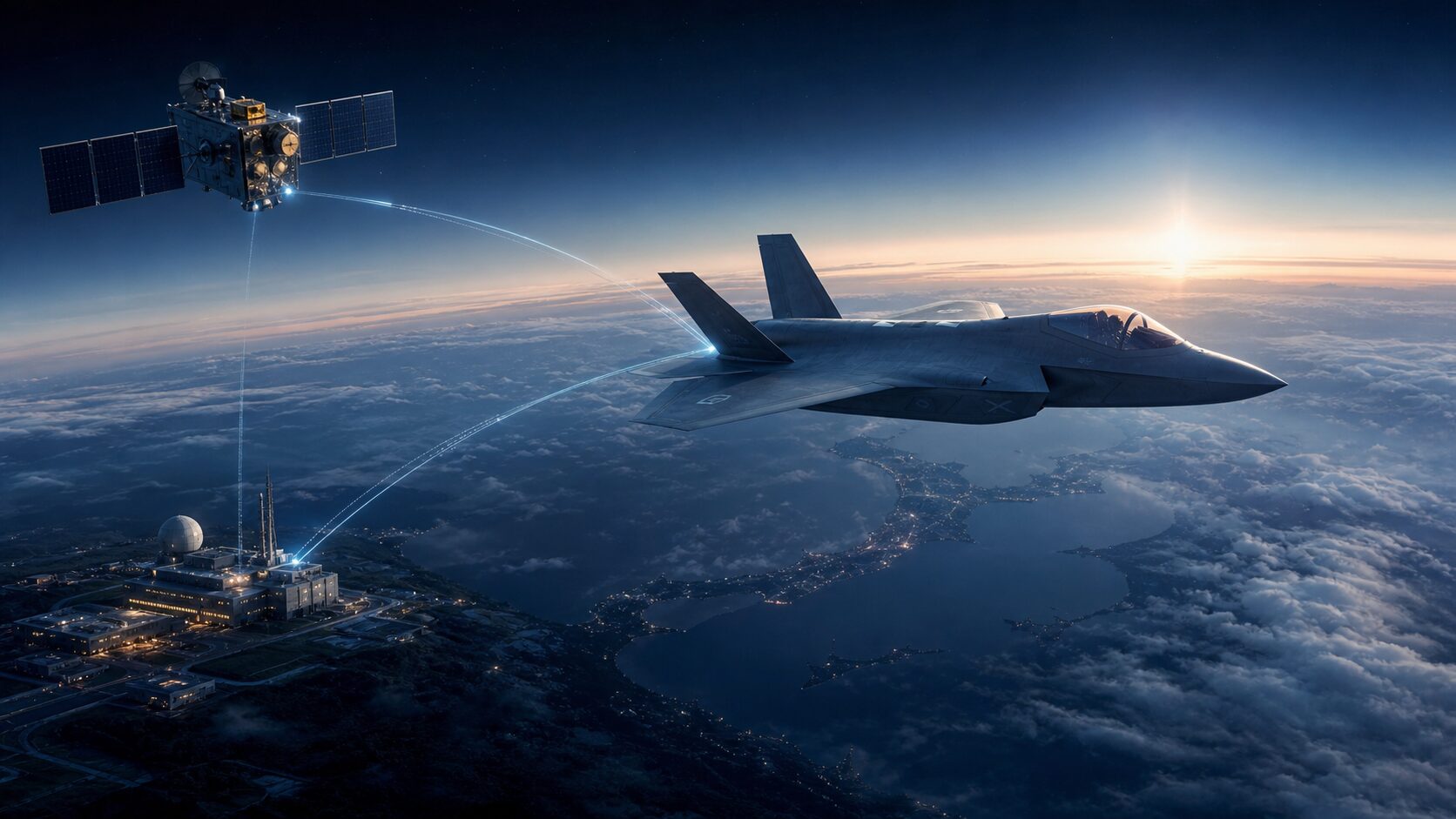 航空宇宙自衛隊構想を表す航空機・衛星・地上司令部のイメージ