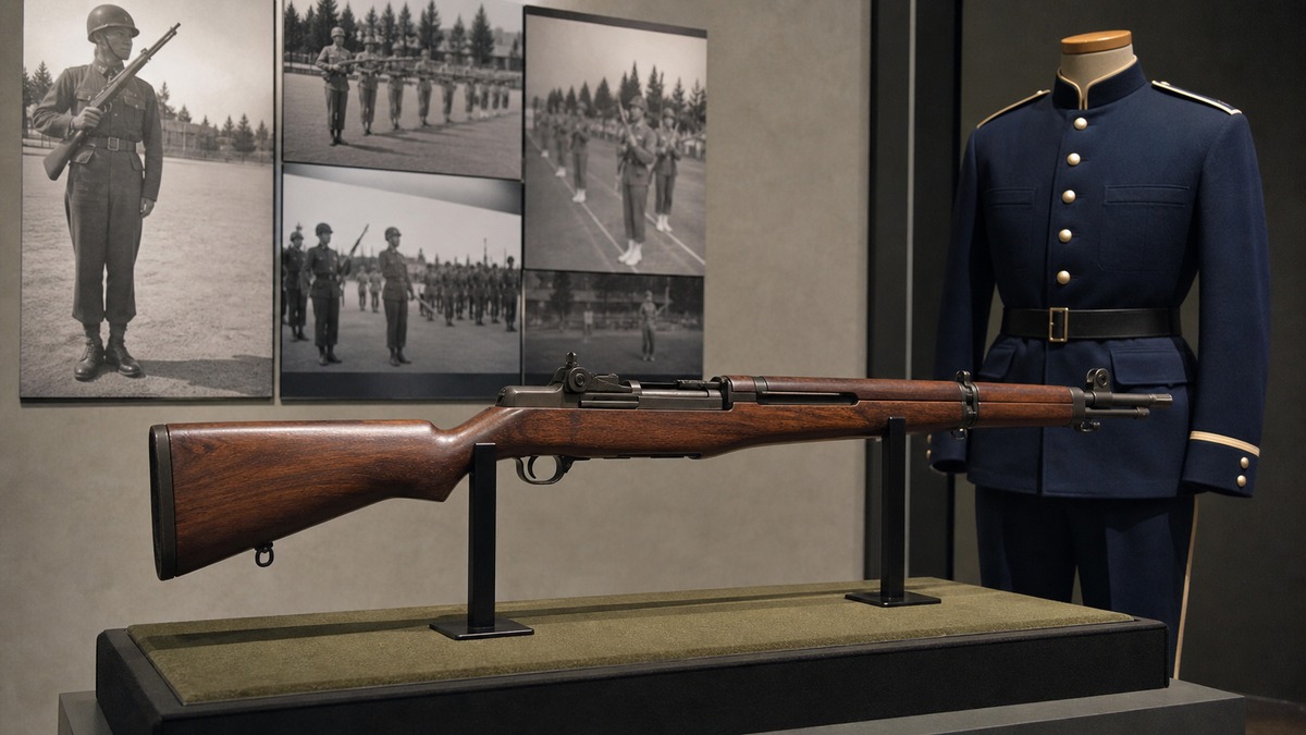 戦後日本のM1小銃と自衛隊ドリル演技を表す展示