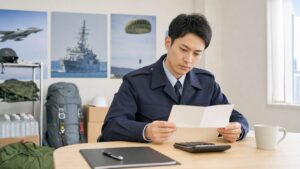 自衛官が給与明細と手当の支給条件を確認するイメージ