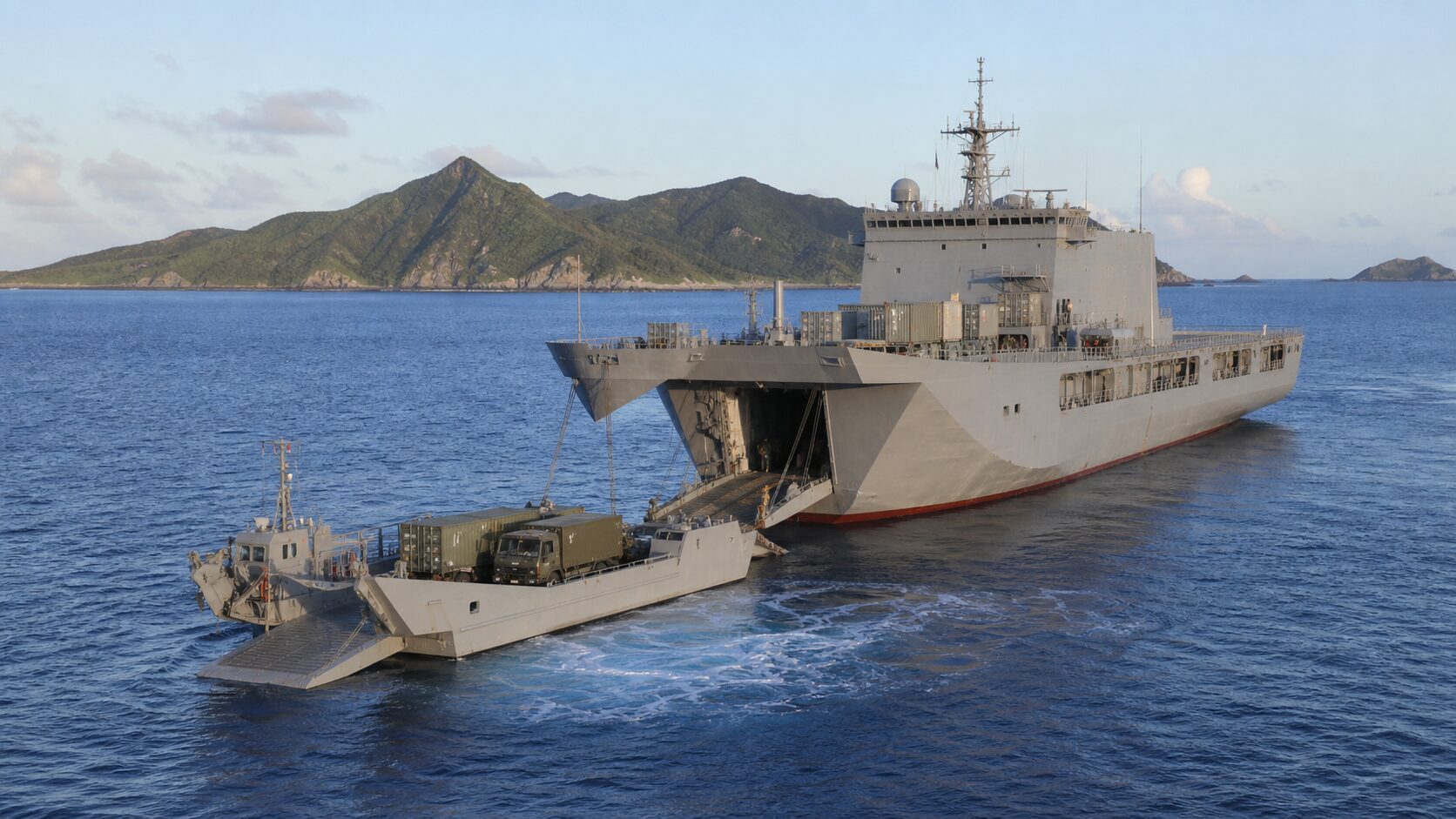 自衛隊海上輸送群のLSVとLCUが島嶼部を結ぶイメージ