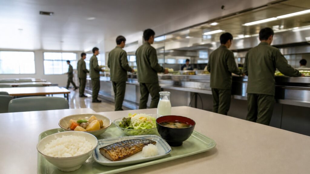 隊員食堂の配食列と栄養バランスを考えた定食のイメージ