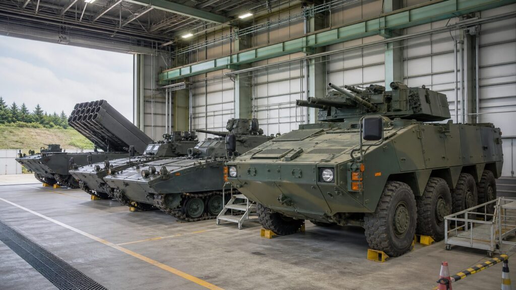 自衛隊の予備装備品を湿度管理された施設で保管するイメージ