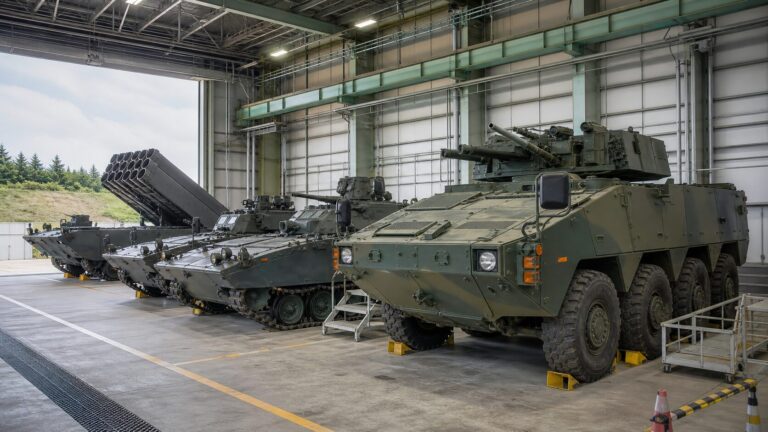 自衛隊の予備装備品を湿度管理された施設で保管するイメージ