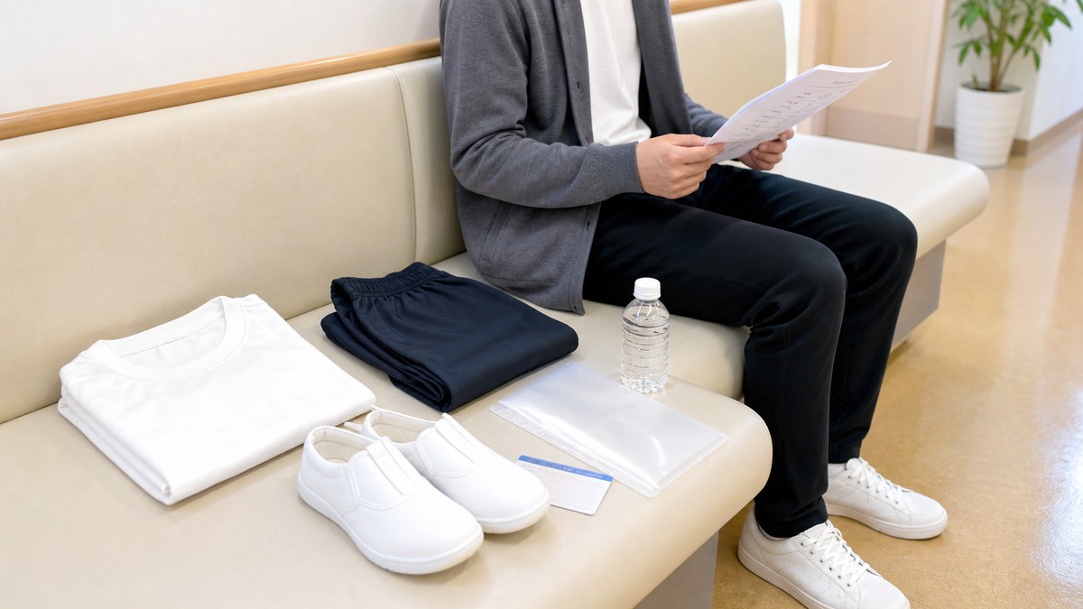 自衛隊の身体検査に向けてTシャツと短パンを準備する様子