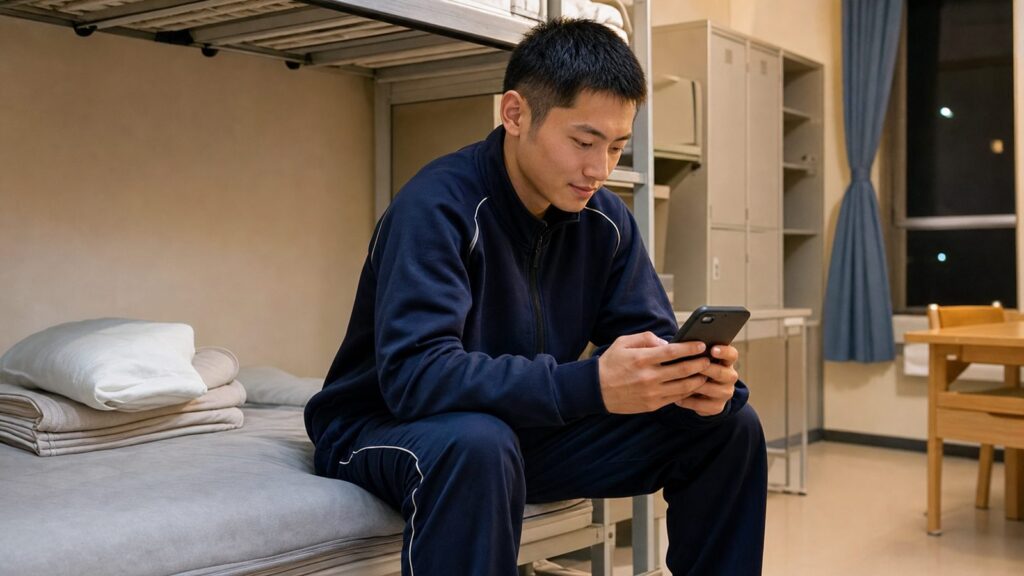 教育隊の営内で自由時間にスマホを確認する新隊員のイメージ