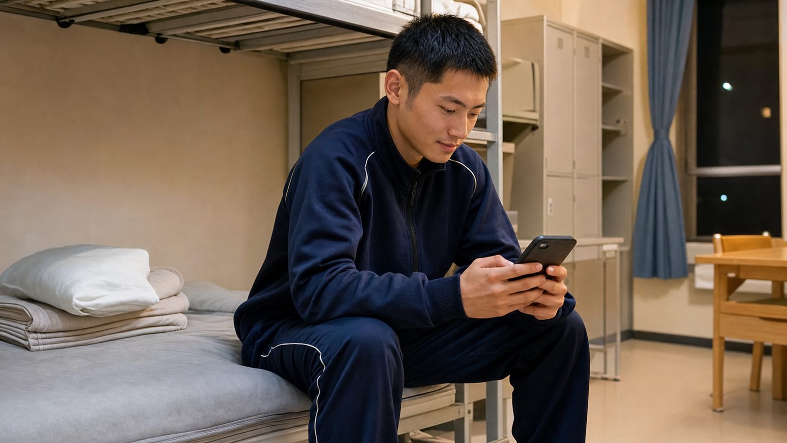 教育隊の営内で自由時間にスマホを確認する新隊員のイメージ
