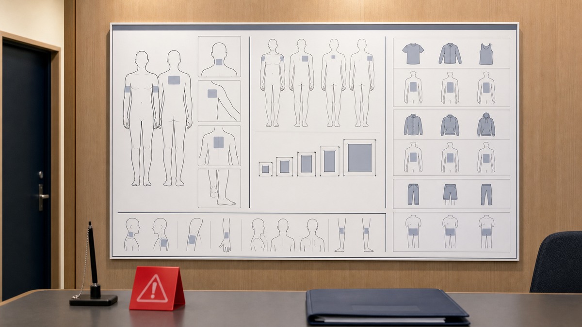 ワンポイントや服で隠れる位置にも例外規定がないことを示す相談資料
