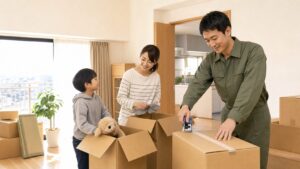 自衛官の転勤に備えて家族で引越しの荷造りをするイメージ