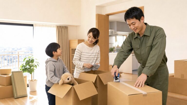 自衛官の転勤に備えて家族で引越しの荷造りをするイメージ