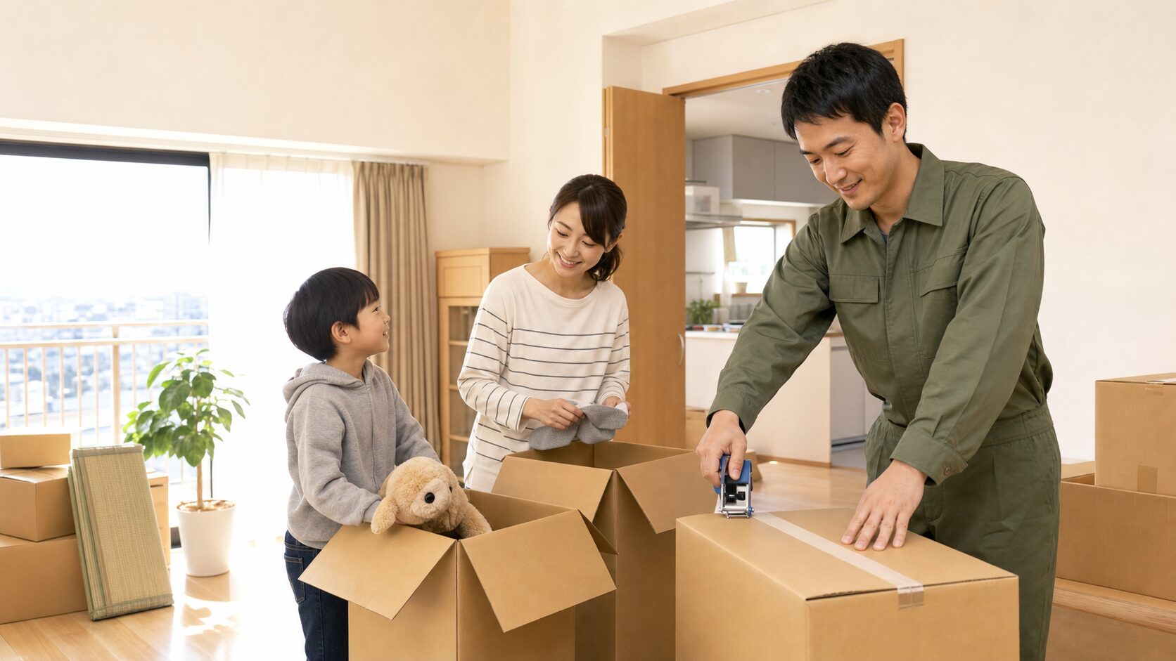 自衛官の転勤に備えて家族で引越しの荷造りをするイメージ