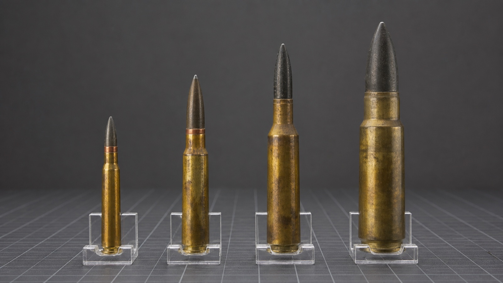 7.62mmから20mmまでの大型弾薬を比較する不活性展示のイメージ