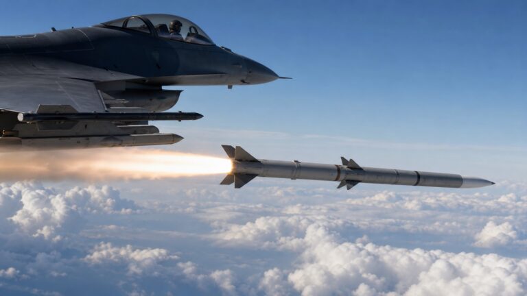 戦闘機から発射されるAIM-120級中距離空対空ミサイル