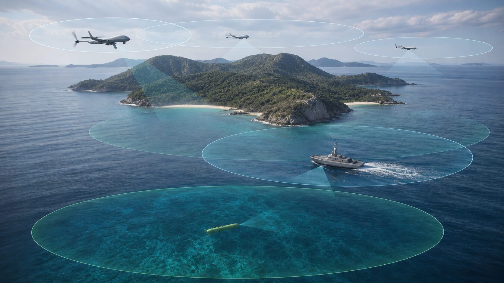 空中・水上・水中のセンサーが重なる多層沿岸防衛のイメージ