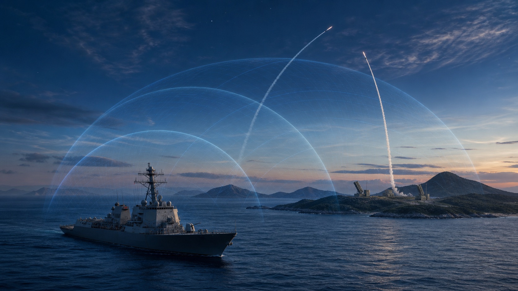 イージス艦と地上迎撃部隊による多層ミサイル防衛のイメージ