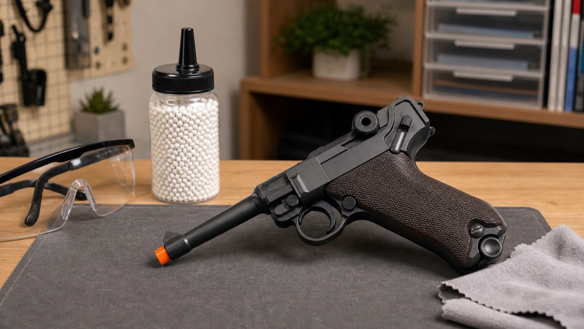 ルガーP08型エアガンと保護具の趣味用ディスプレイ