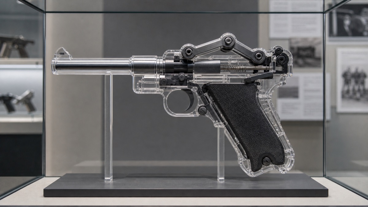 ルガーP08のトグルアクションをイメージした透明展示モデル